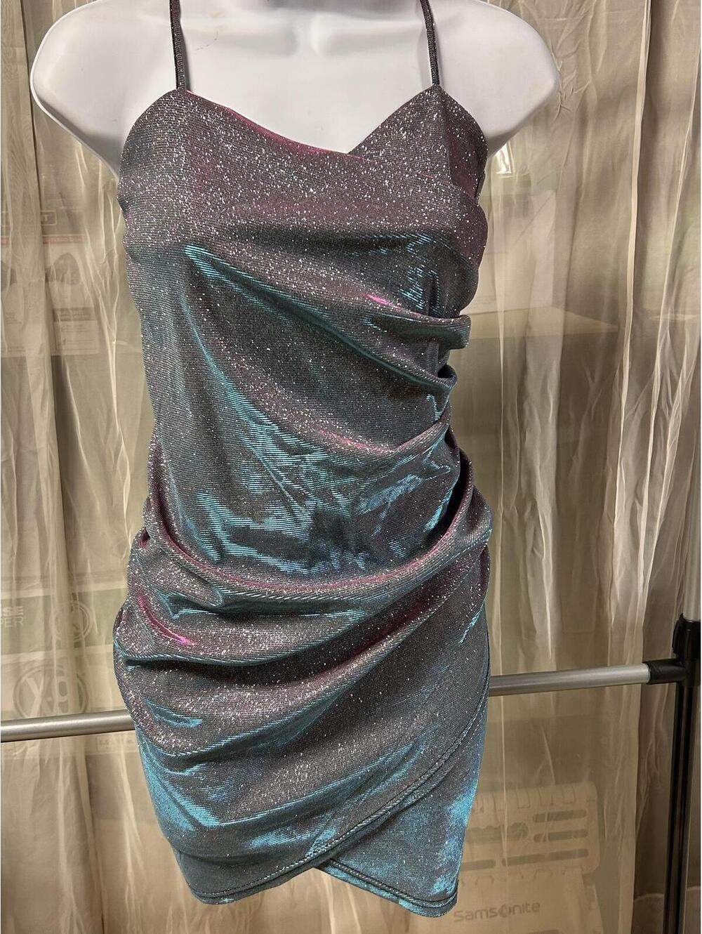 Cider Metallic Sparkle Iridescent Ruched Cami Mini Dress Womens Size Medium M